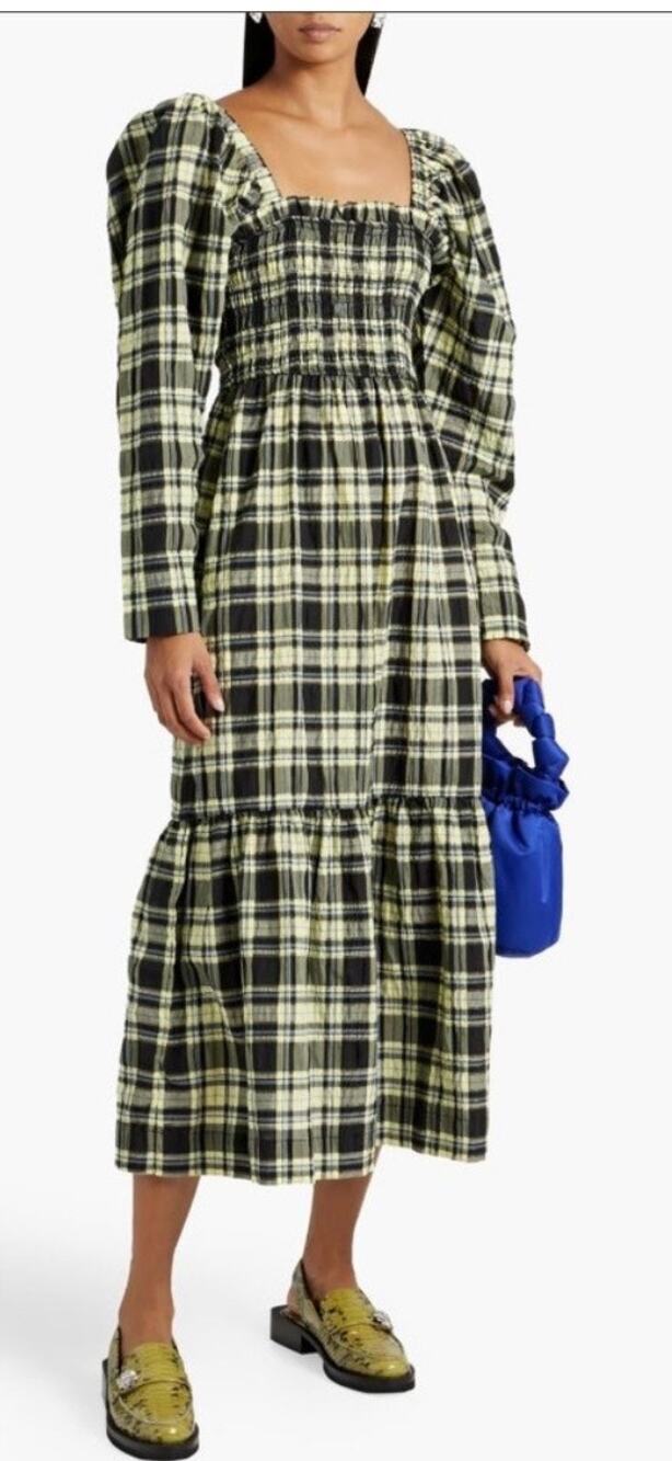 GANNI Shirred Checked Cotton Blend Seersucker Midi Dress Size 4